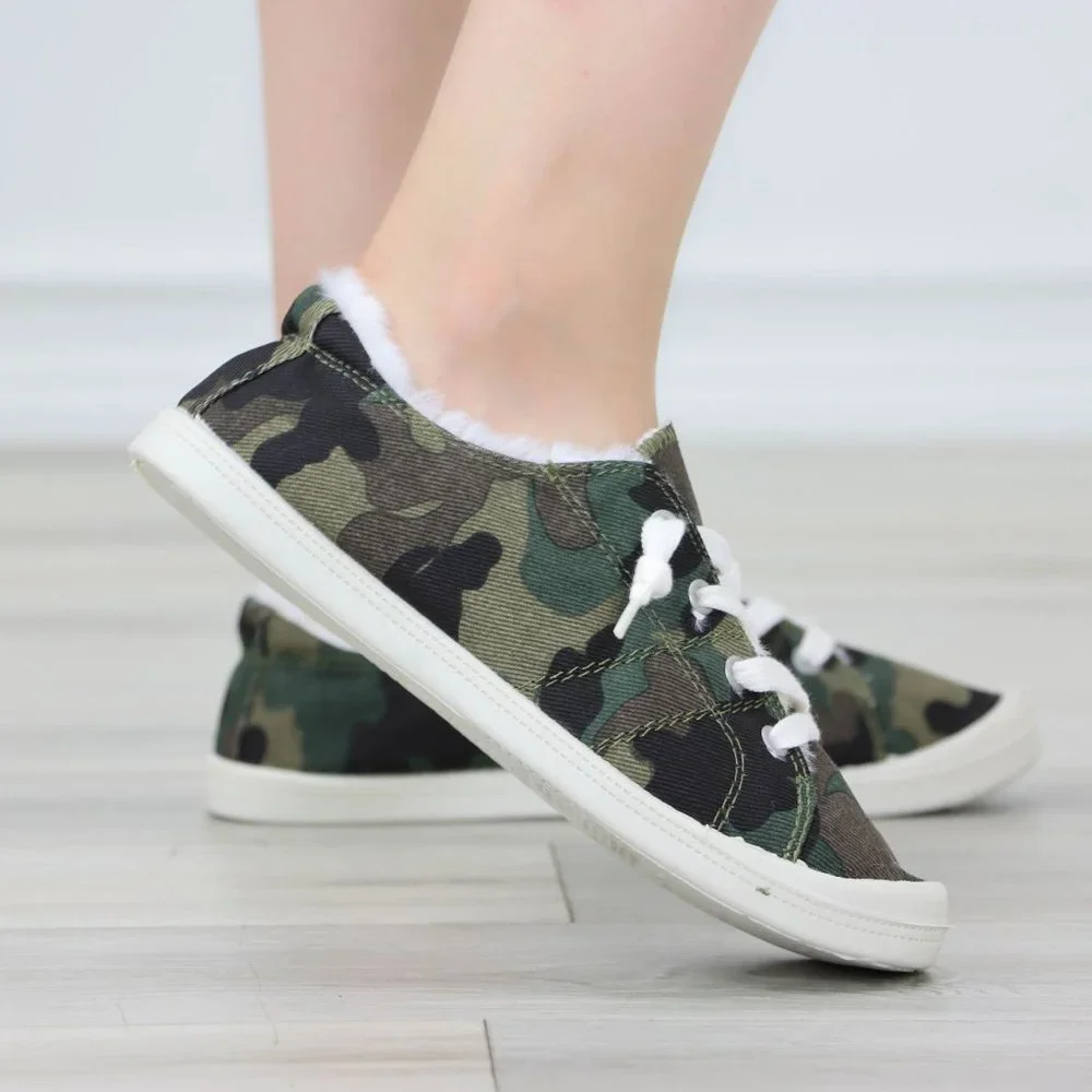 Camouflage Women's Flat Sneakers Canvas Lace Up Round Toe Warm Knit Lining - Picture 11 of 13